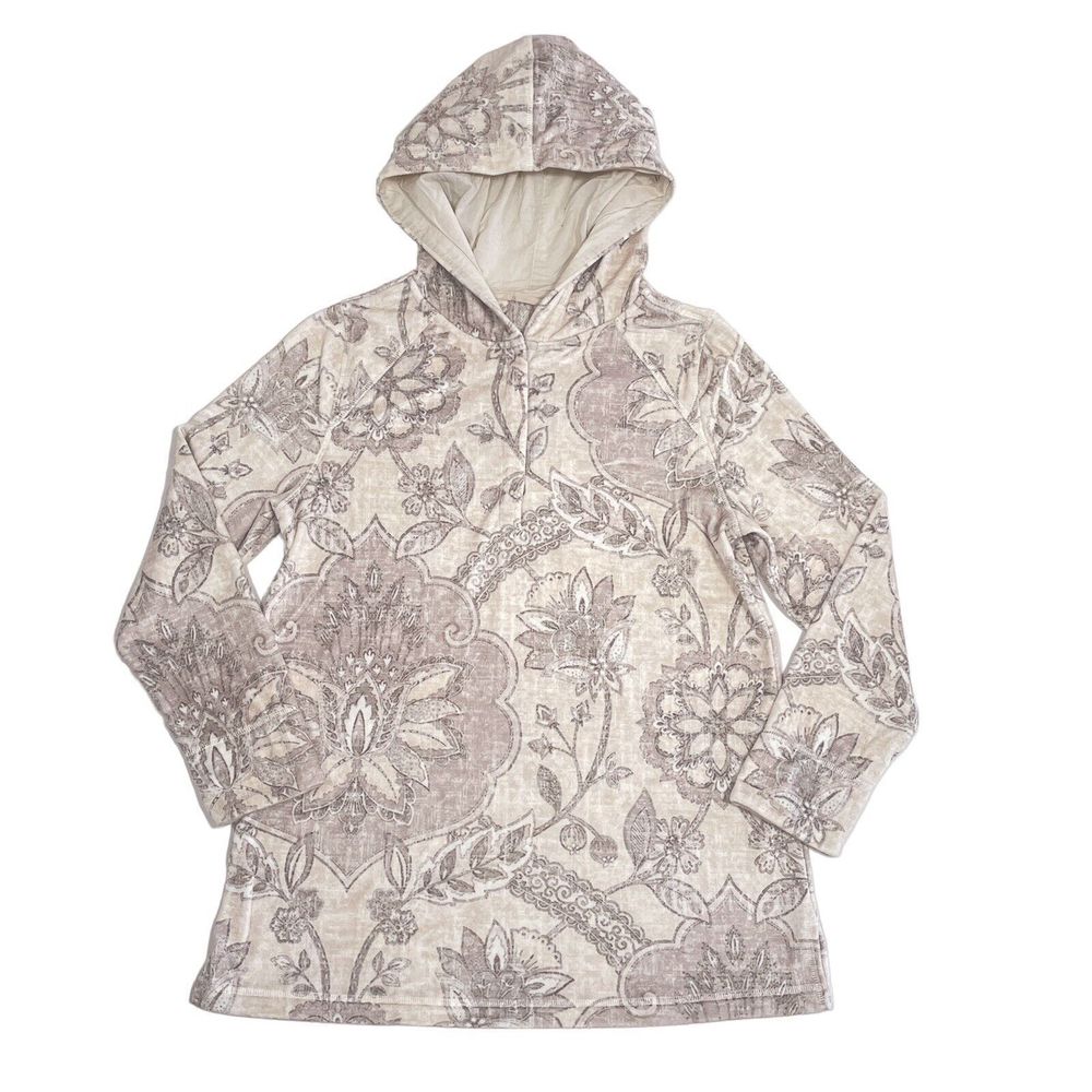 Soft Surroundings Sweatshirt Womens Size Small Beige Floral Hooded Hoodie Velour